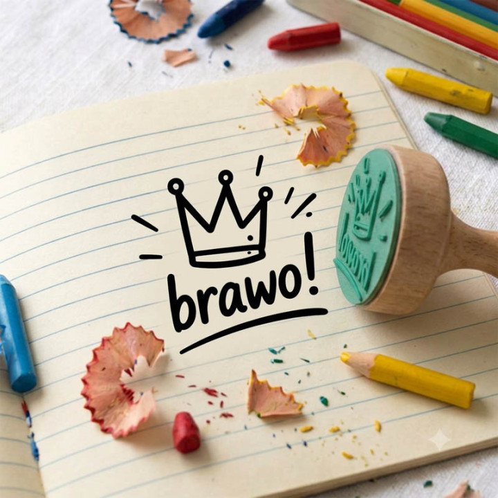 Brawo! Motywacyjny stempel z koroną króla dla dzieci