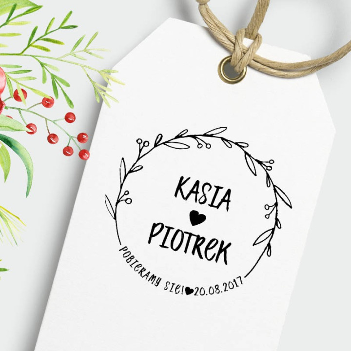 Subtelny wianek z listków – stempel ślubny, okrągły