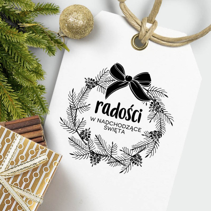Stempel wianek z kokardą, życzenia radości w nadchodzące święta