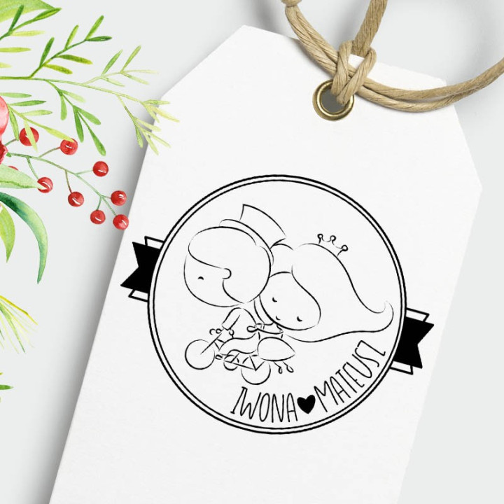 Para młoda na rowerze – stempel ślubny, okrągły