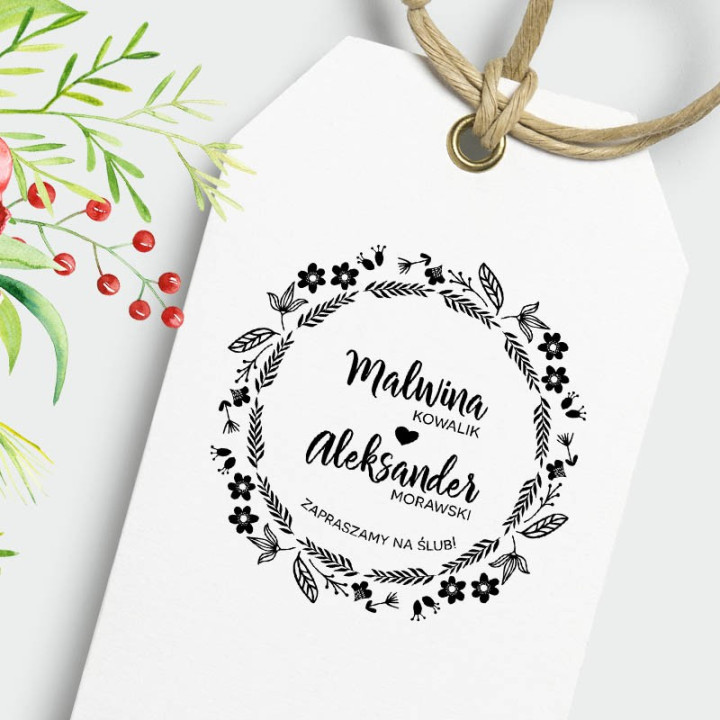 Liście i kwiaty w wianku – stempel ślubny, okrągły