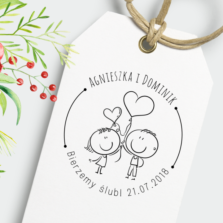 Para Młoda z balonami – stempel ślubny, okrągły